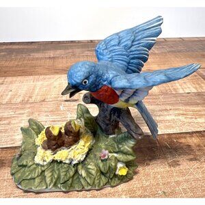 Bluebird Figurine With Nest & Chicks Hand-Painted Ceramic Rustic Home Decor